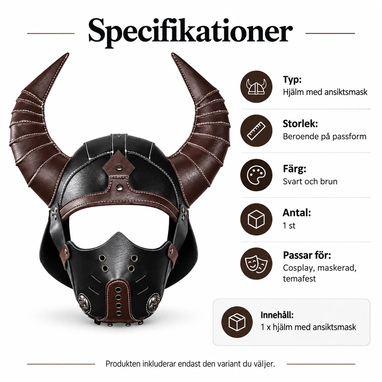 Svart och Brun Läder-Look Hjälm med Horn och Ansiktsmask