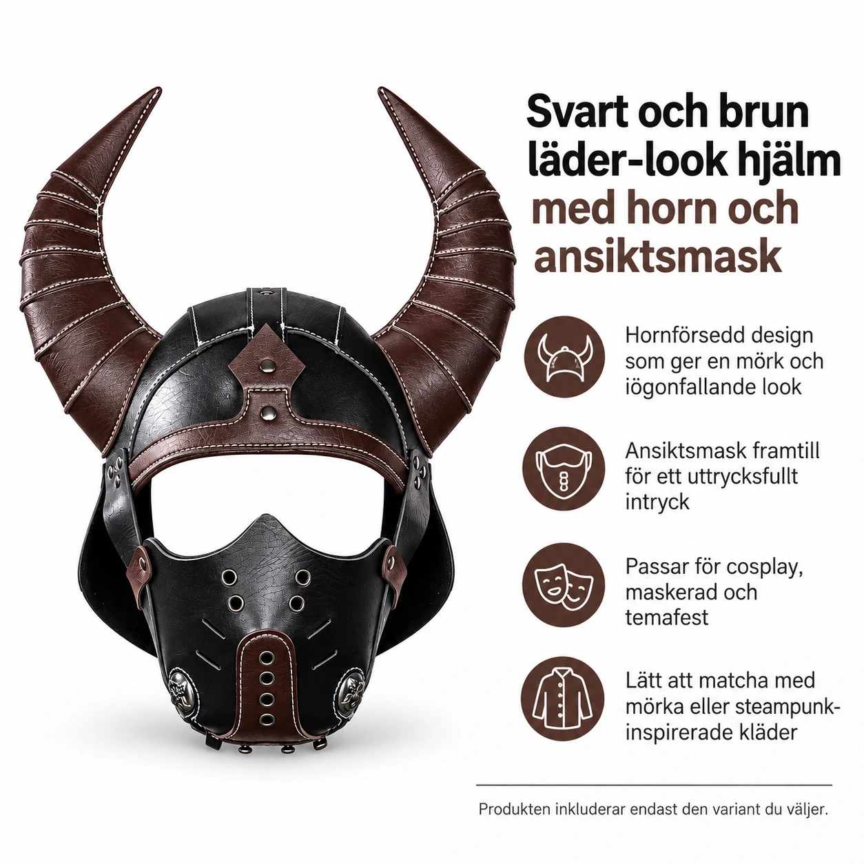 Svart och Brun Läder-Look Hjälm med Horn och Ansiktsmask