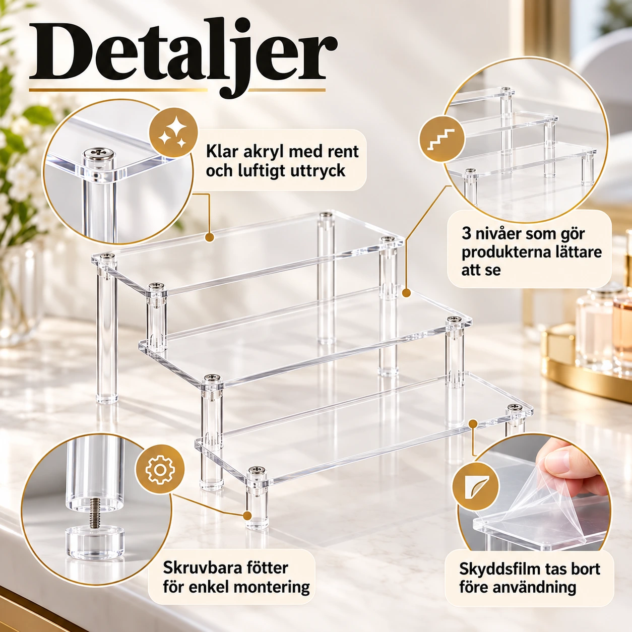 Akrylställ i 3 nivåer för parfym och kosmetik