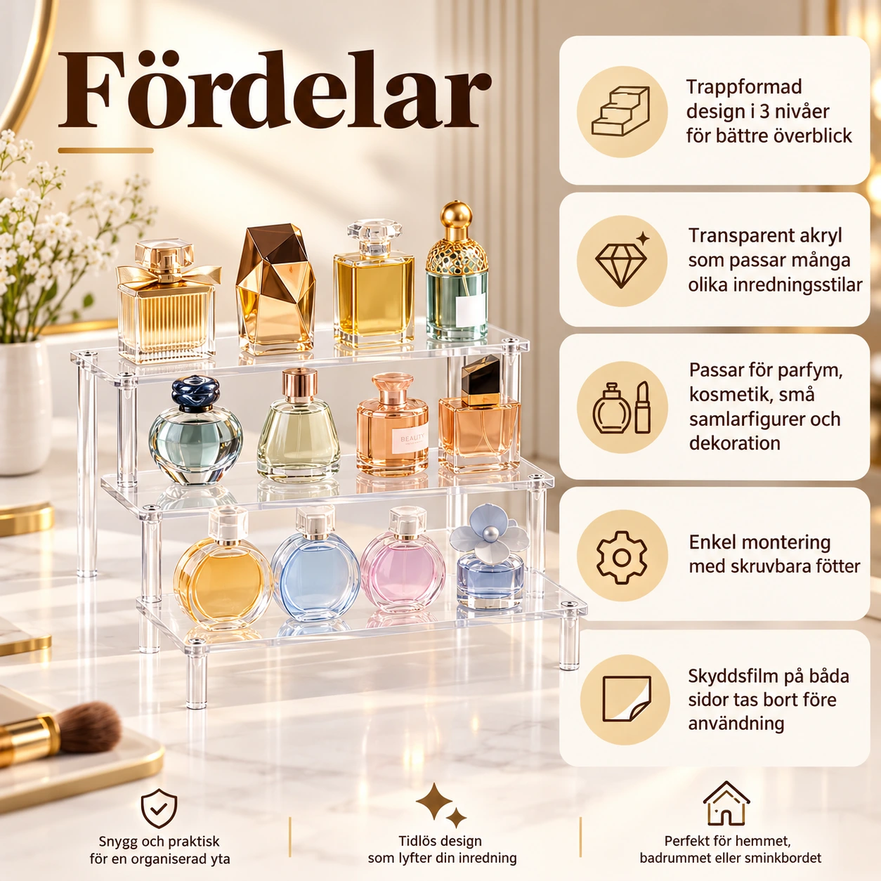 Akrylställ i 3 nivåer för parfym och kosmetik