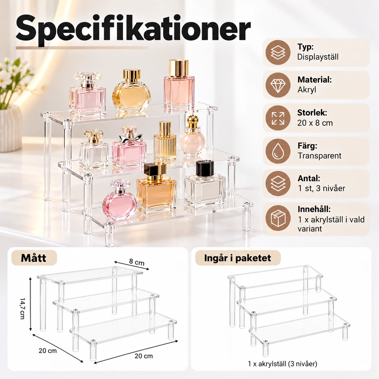 Akrylställ i 3 nivåer för parfym och kosmetik