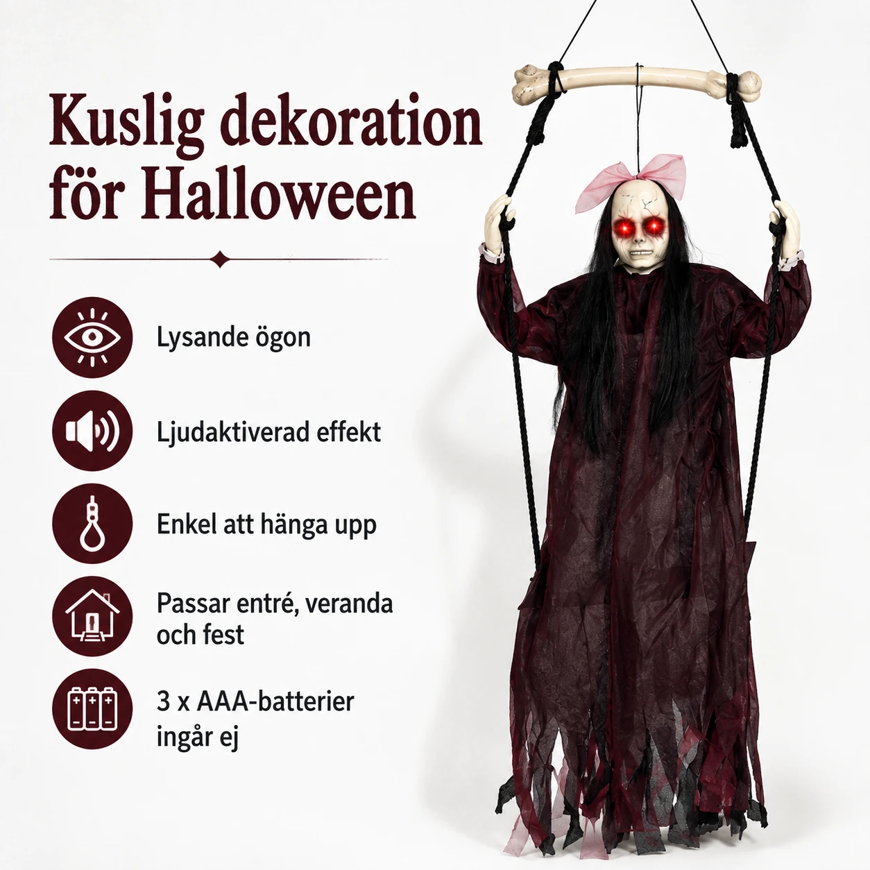 Hängande spökdekoration för Halloween med ljusögon och ljud