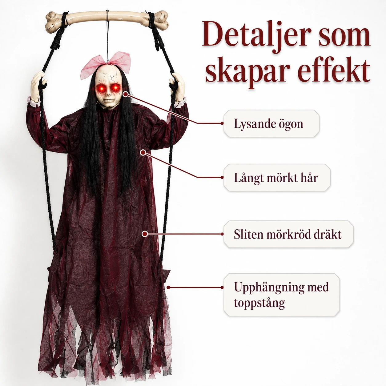 Hängande spökdekoration för Halloween med ljusögon och ljud