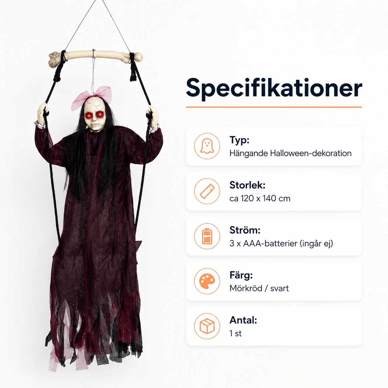 Hängande spökdekoration för Halloween med ljusögon och ljud