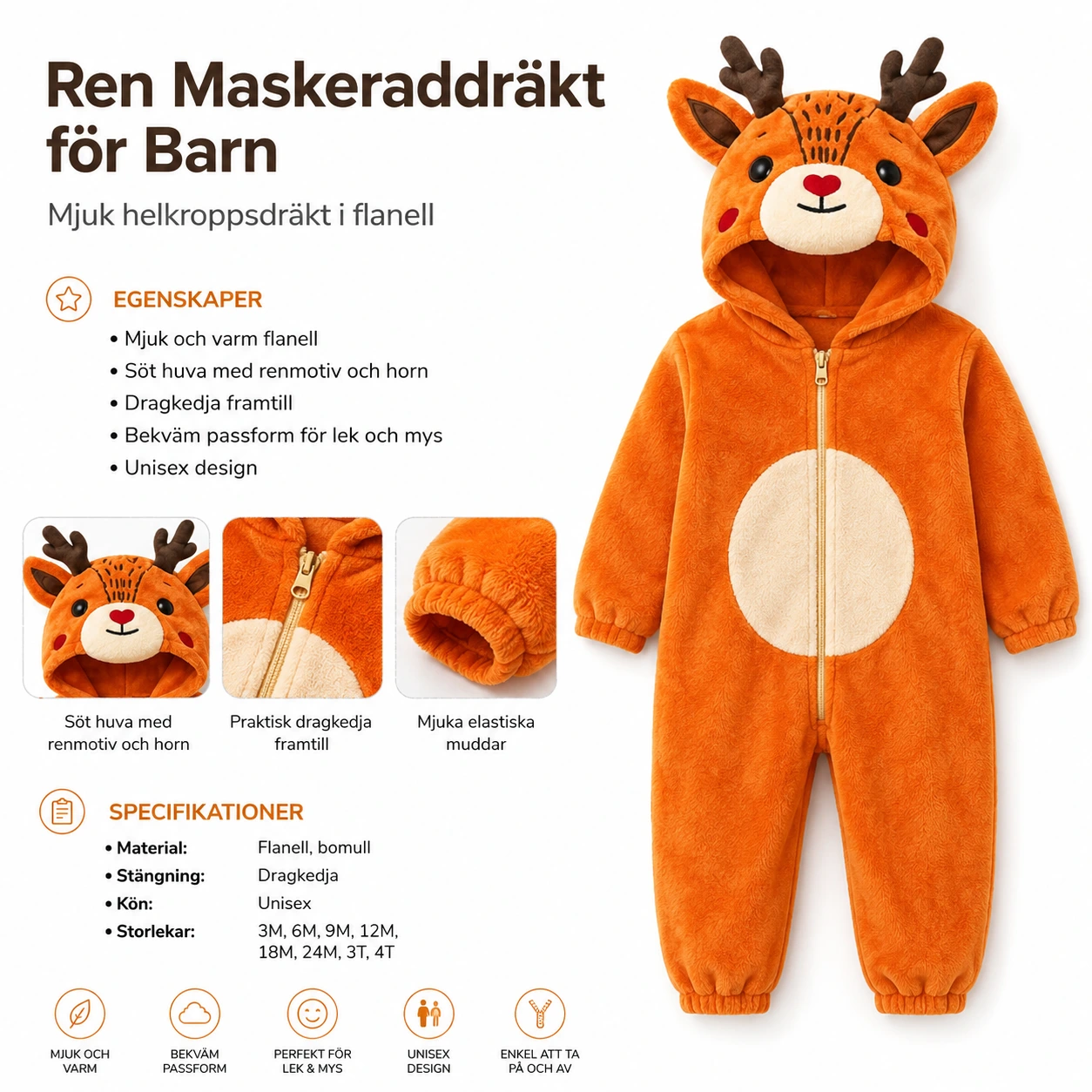 Rendräkt Barn – Mjuk Flanelloverall med Huva