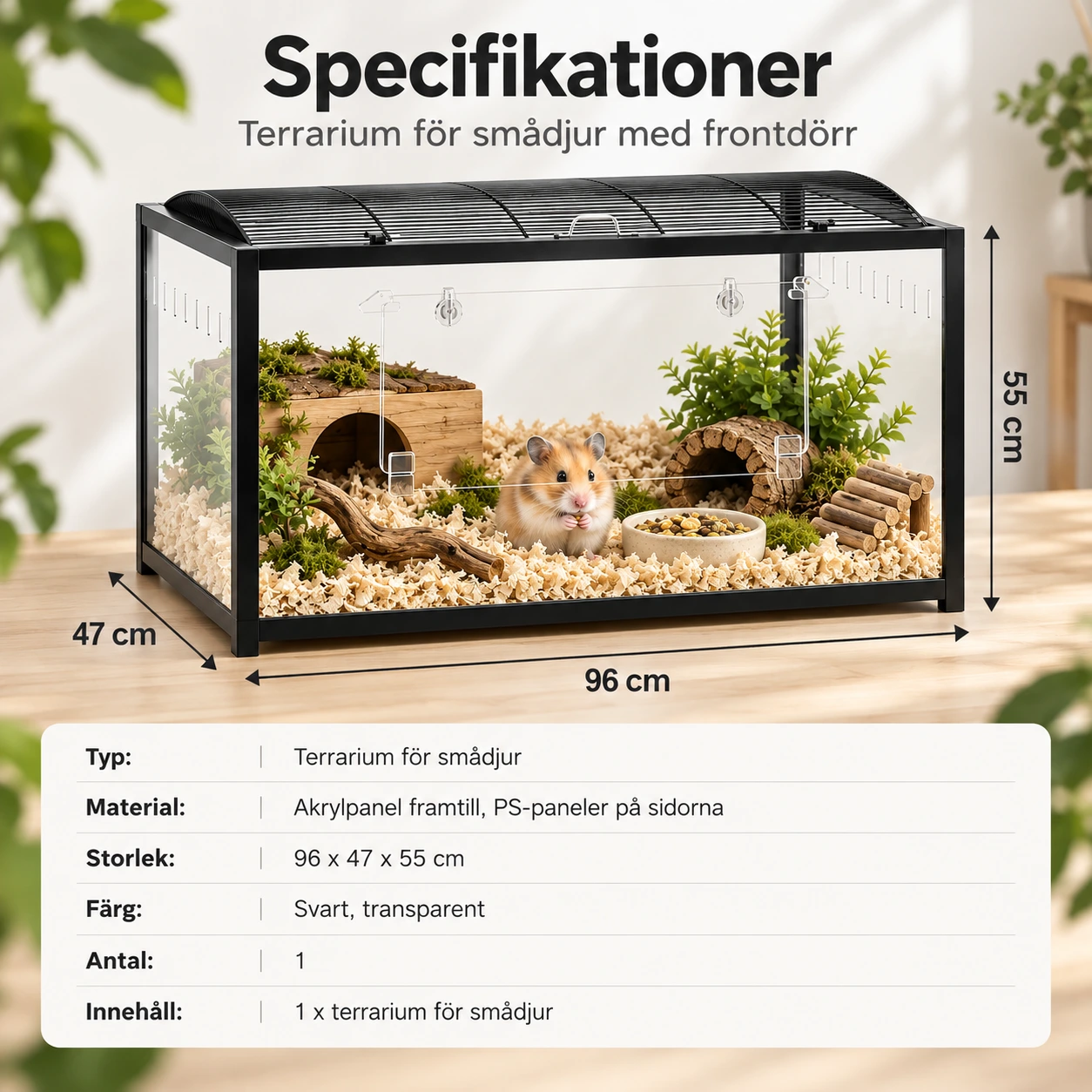 Terrarium för smådjur med frontdörr, 96 x 47 x 55 cm