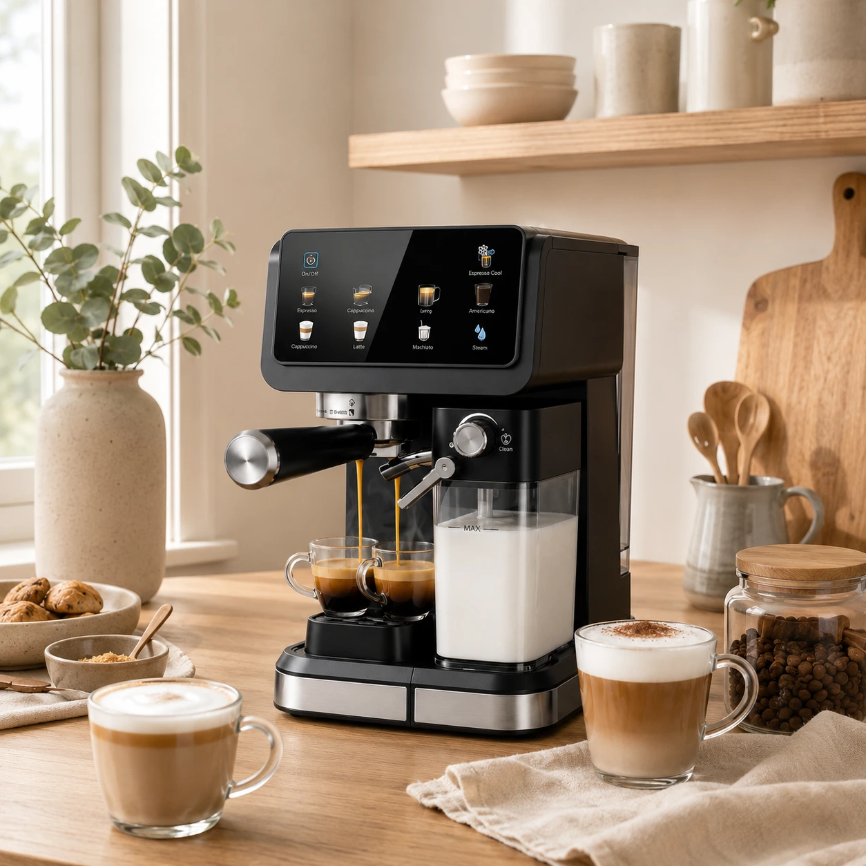 Espressomaskin 20 Bar med Touchskärm och Mjölkskummare