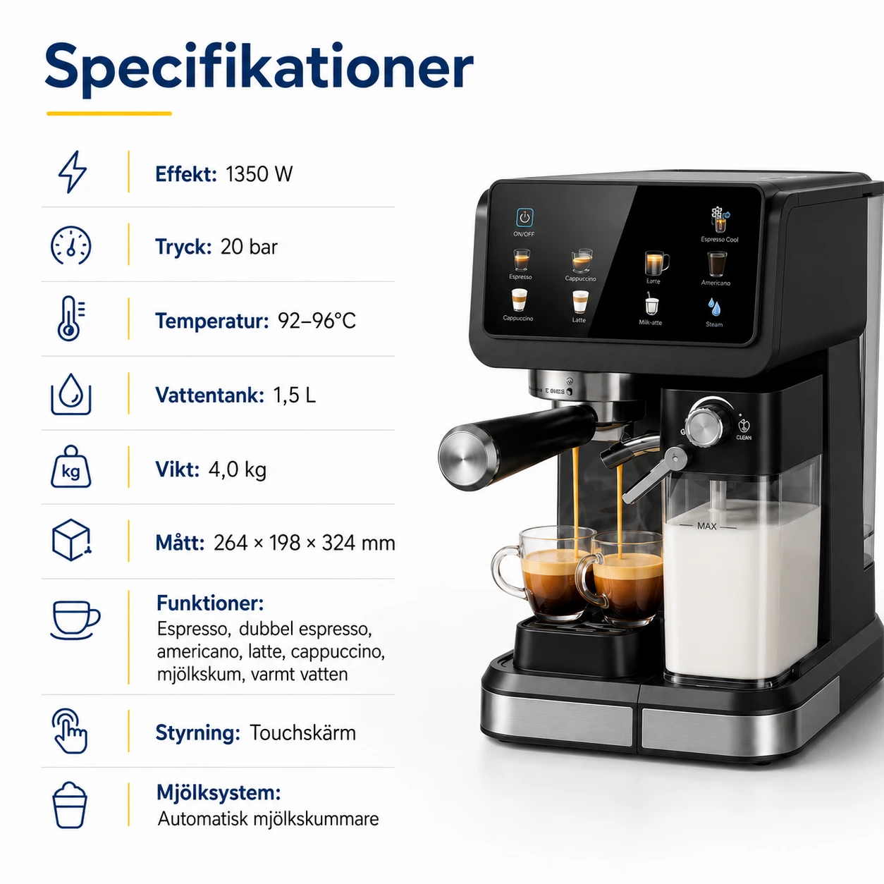 Espressomaskin 20 Bar med Touchskärm och Mjölkskummare