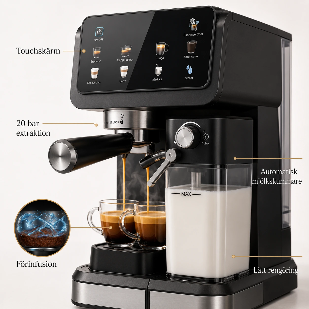 Espressomaskin 20 Bar med Touchskärm och Mjölkskummare