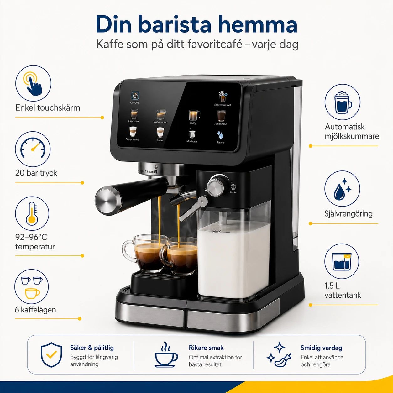 Espressomaskin 20 Bar med Touchskärm och Mjölkskummare