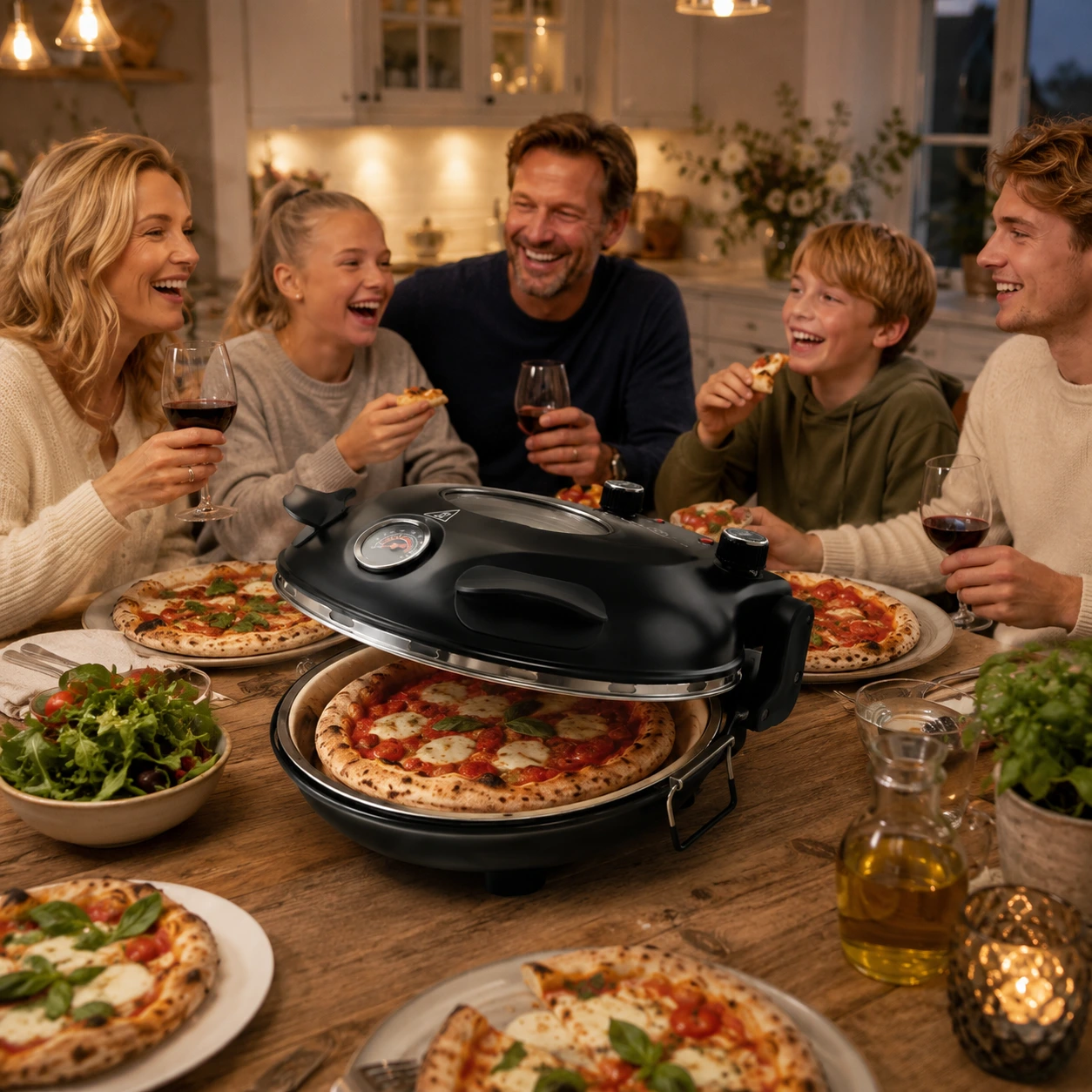 Sähköinen pizzauuni pizzakivellä ja katseluikkunalla
