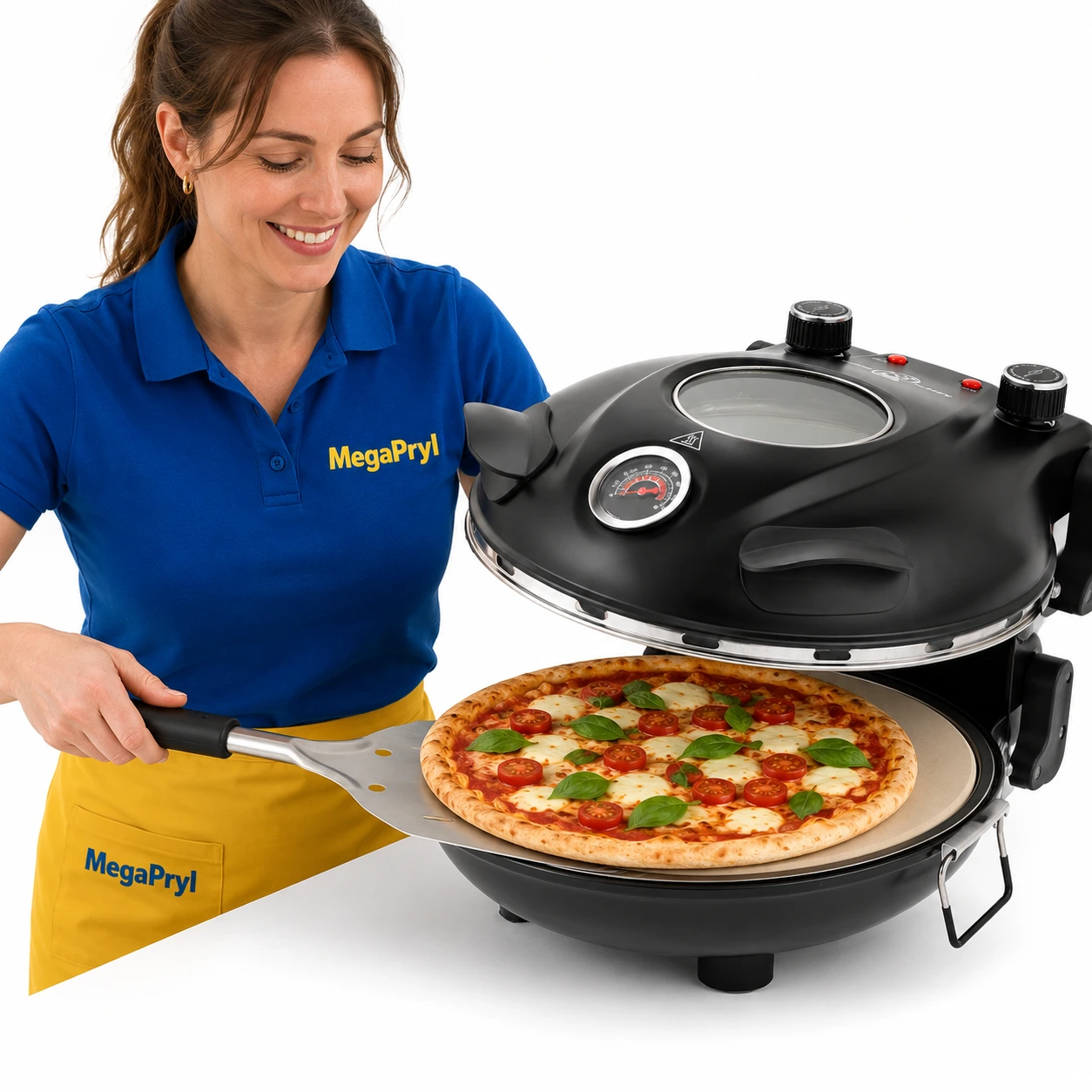 Sähköinen pizzauuni pizzakivellä ja katseluikkunalla