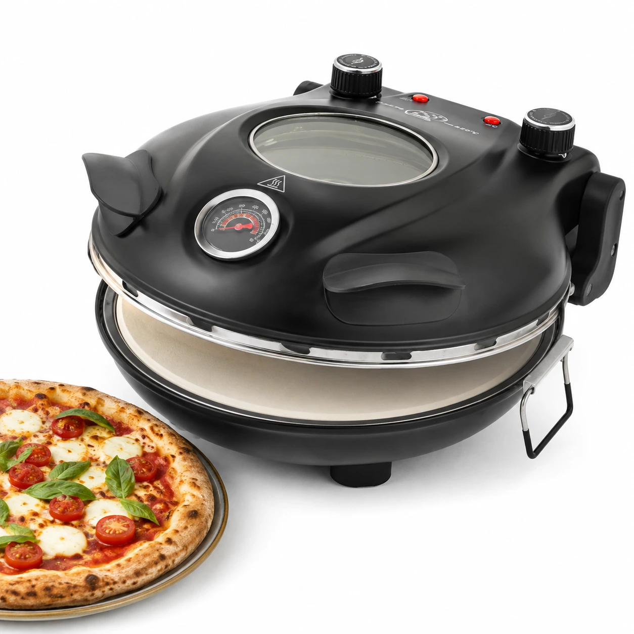 Sähköinen pizzauuni pizzakivellä ja katseluikkunalla