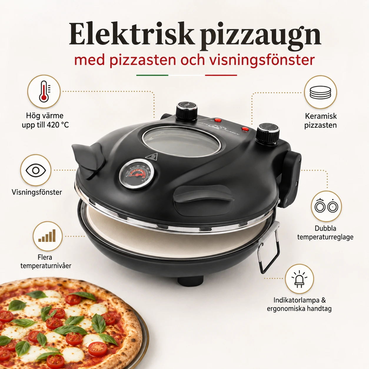 Sähköinen pizzauuni pizzakivellä ja katseluikkunalla