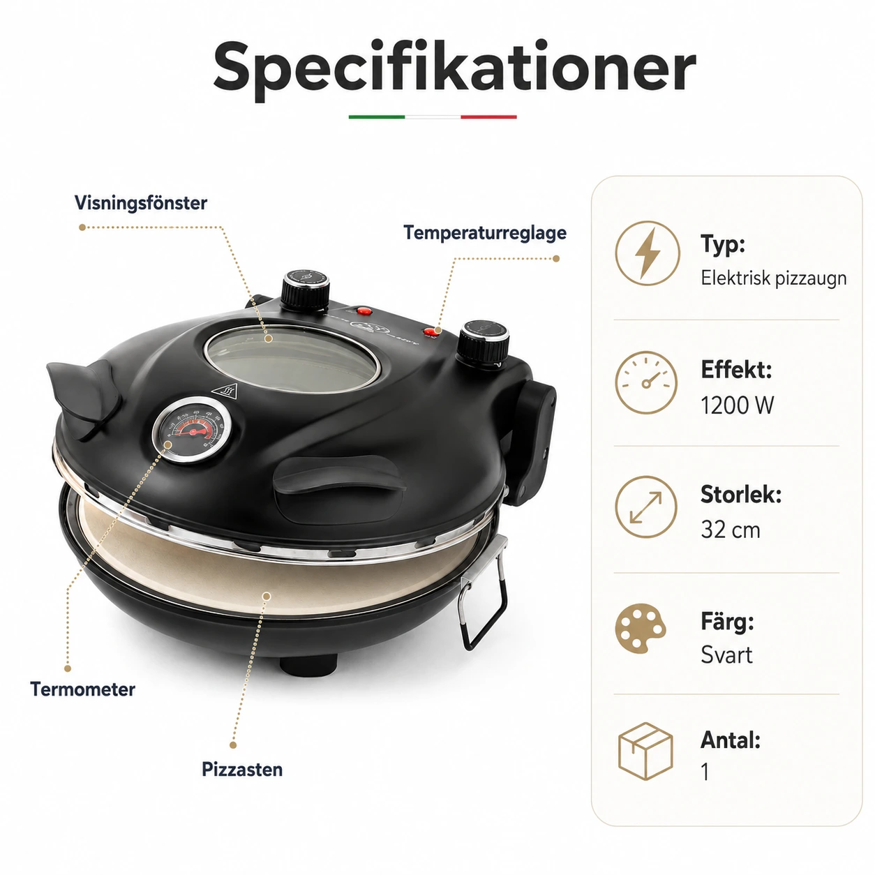Elektrisk pizzaugn med pizzasten och visningsfönster
