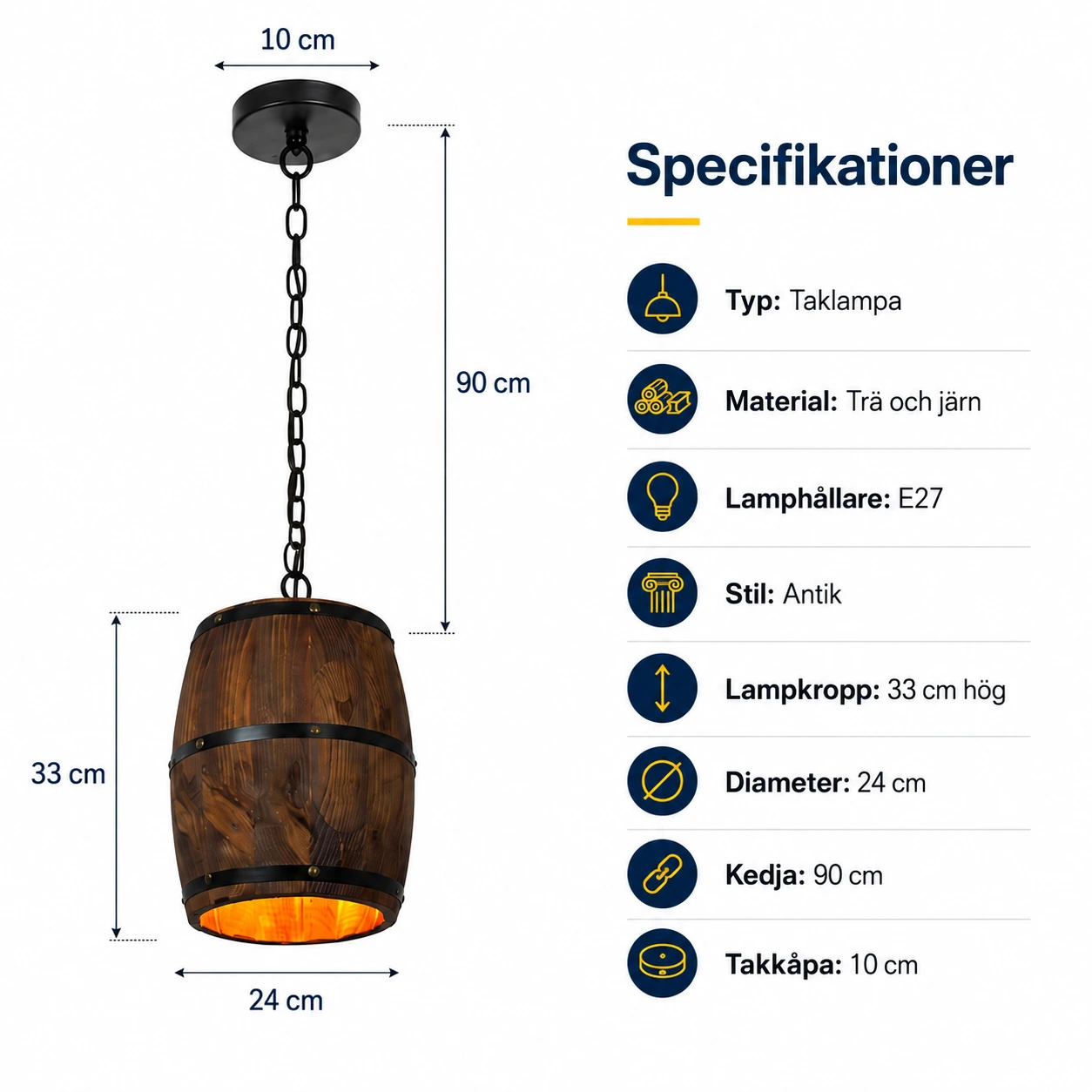 Taklampa i vintunnestil med kedja och E27-sockel