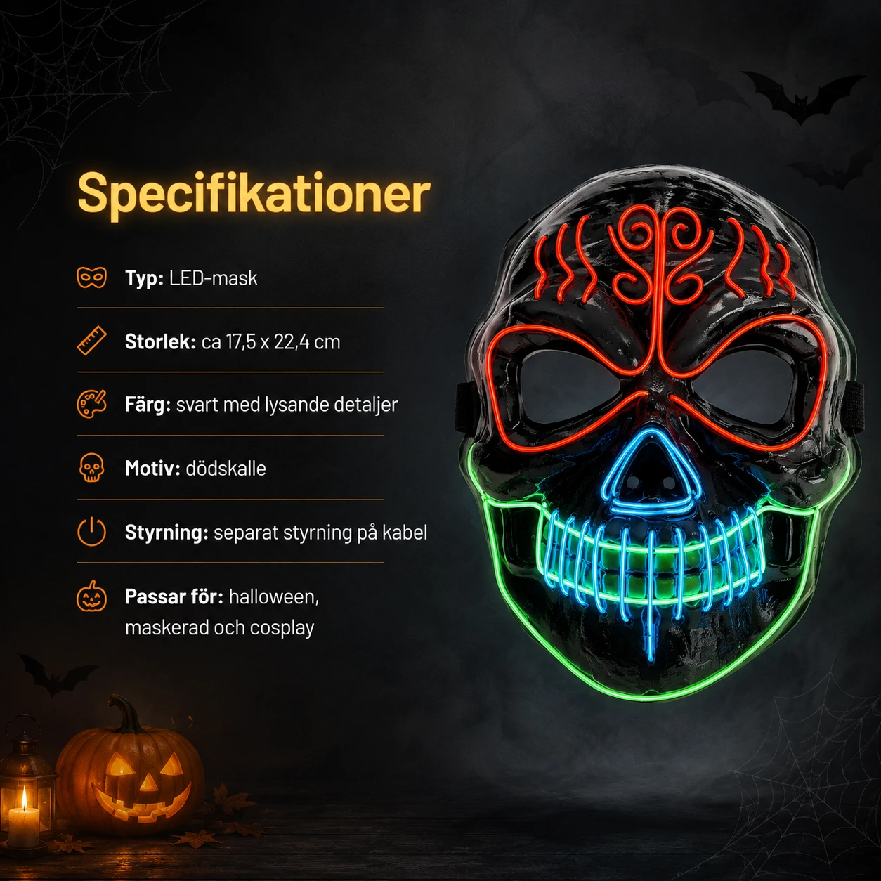 LED-mask med dödskallemotiv för halloween och maskerad