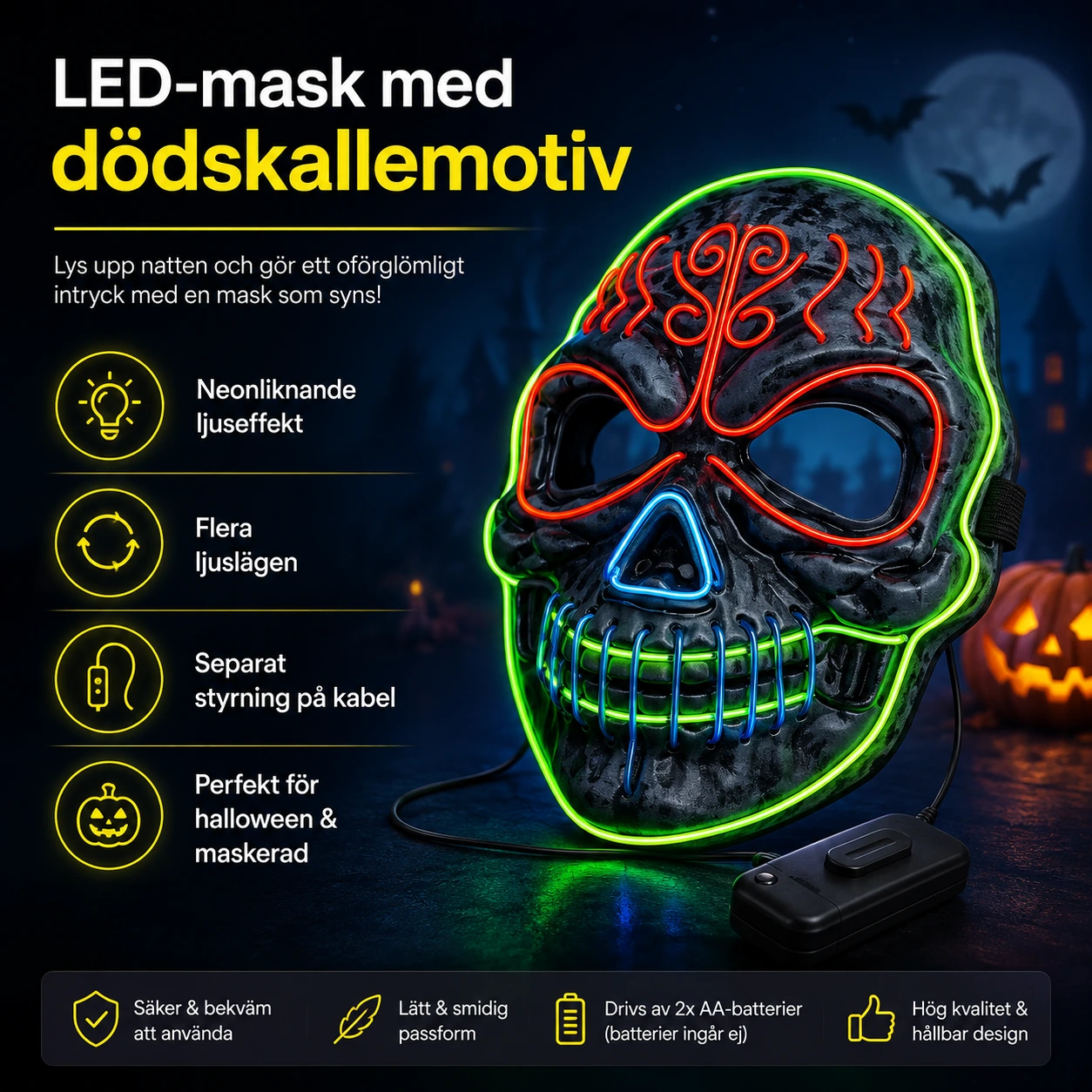 LED-mask med dödskallemotiv för halloween och maskerad