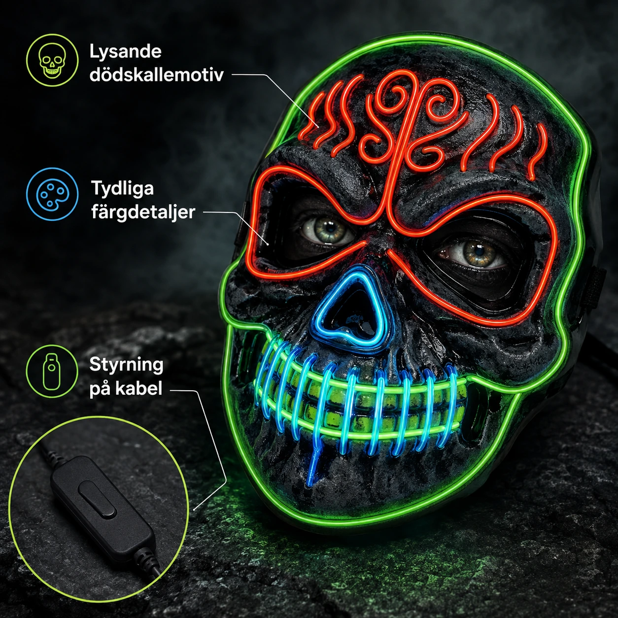 LED-mask med dödskallemotiv för halloween och maskerad