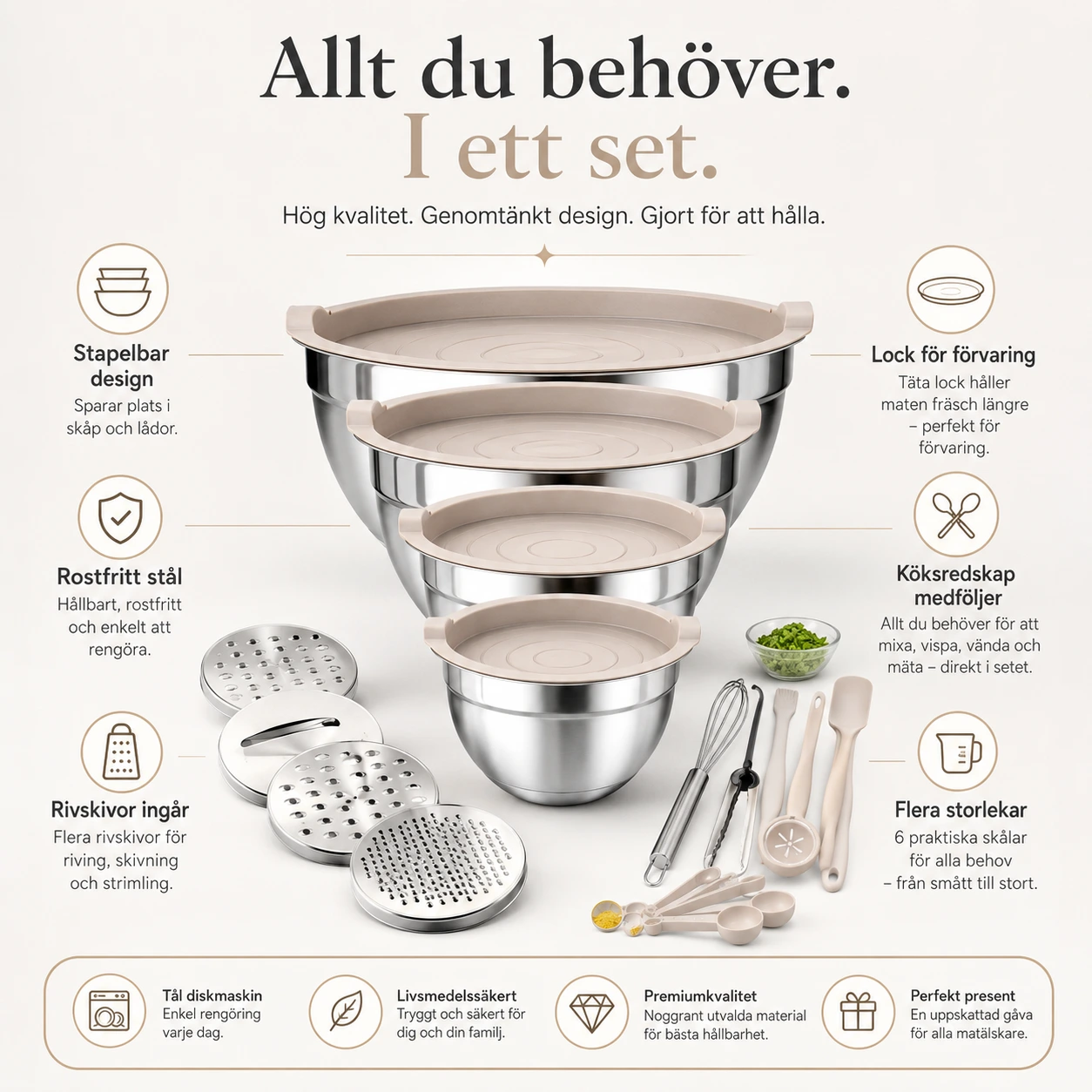 Ruostumattomasta teräksestä valmistettu kulhosetti kannella ja keittiövälineillä