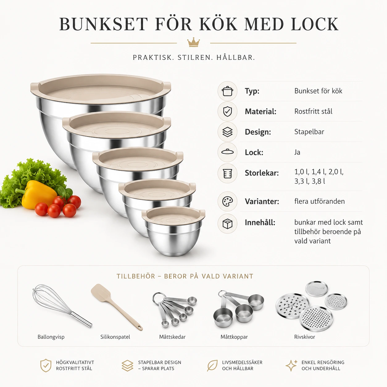 Ruostumattomasta teräksestä valmistettu kulhosetti kannella ja keittiövälineillä