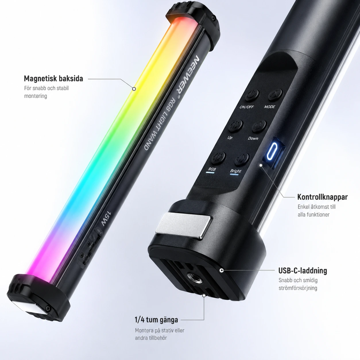 Magnetisk RGB-ljusstav för foto och video