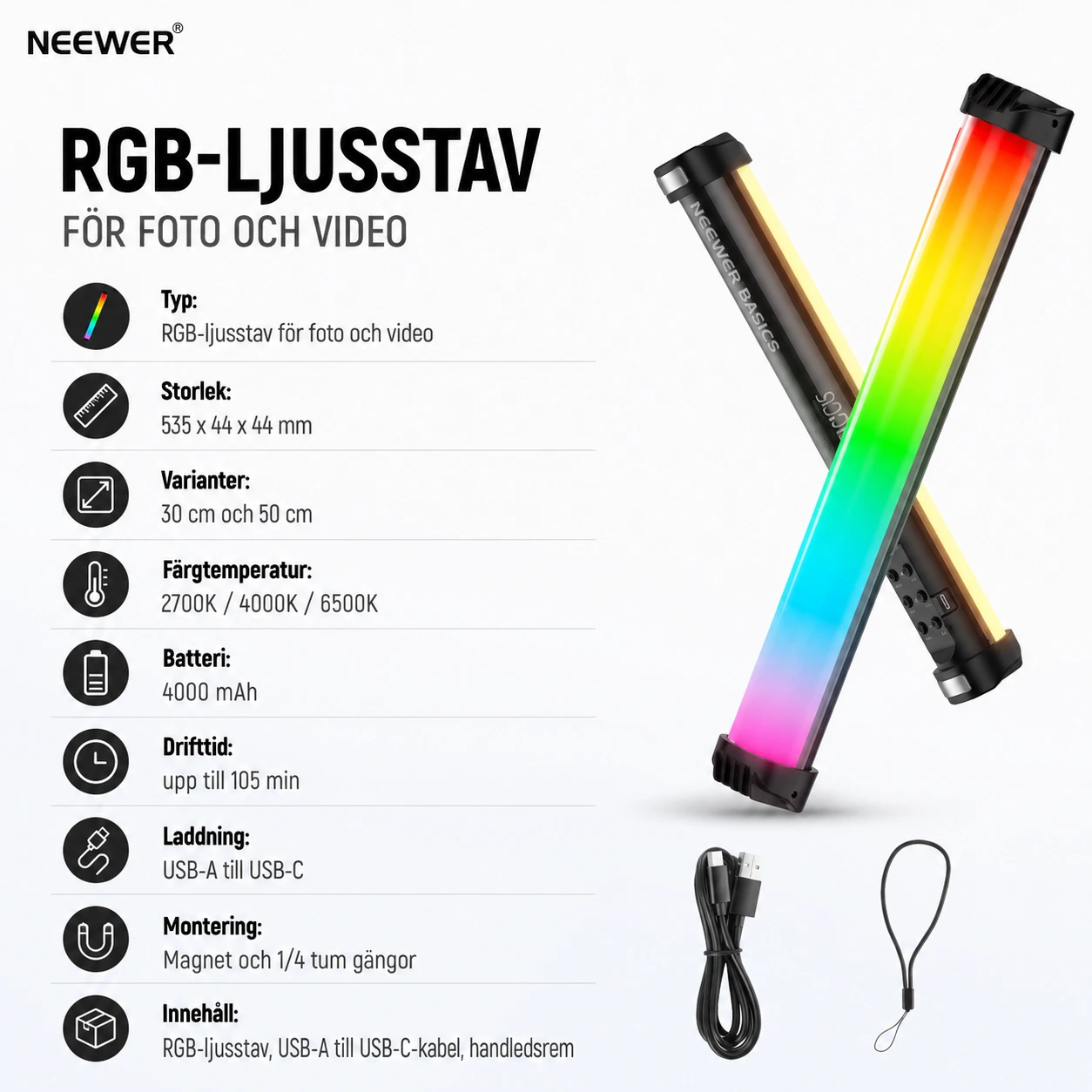 Magnetisk RGB-ljusstav för foto och video