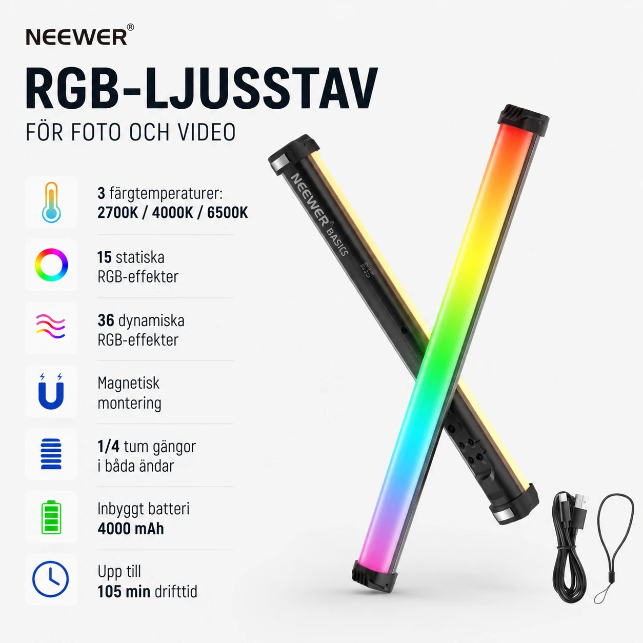 Magnetisk RGB-ljusstav för foto och video
