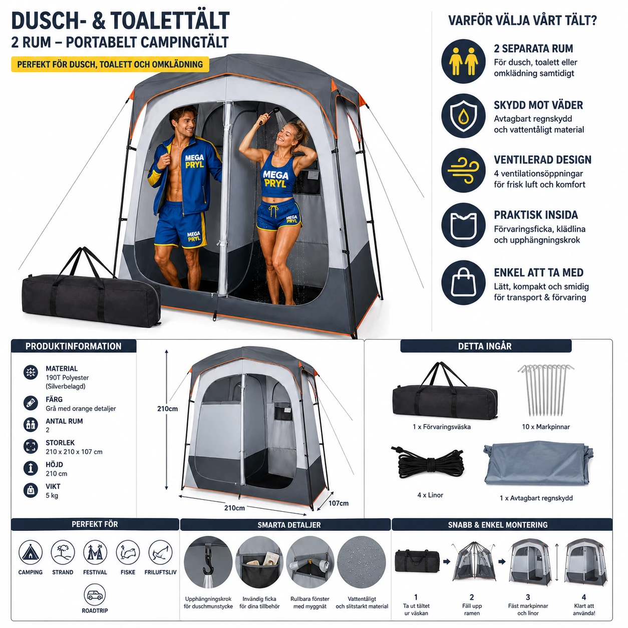 Dusch- & Toalettält 2 Rum – Portabelt Campingtält