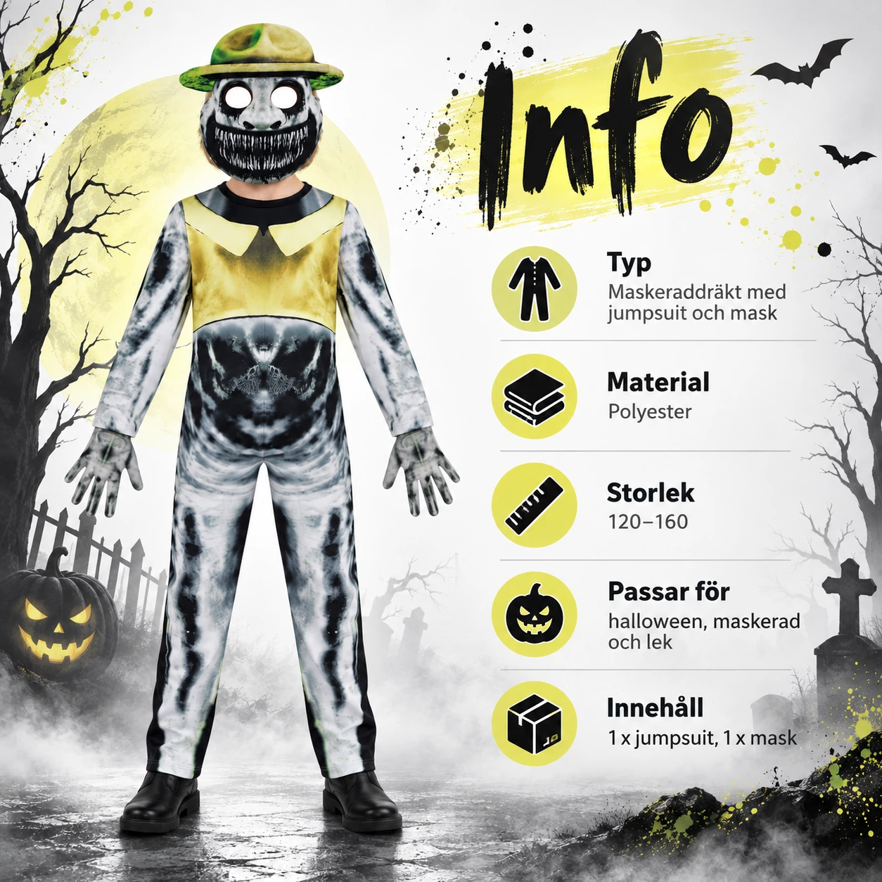 Kuviollinen kokovartaloasu keltaisella liivillä, käsineillä ja maskilla