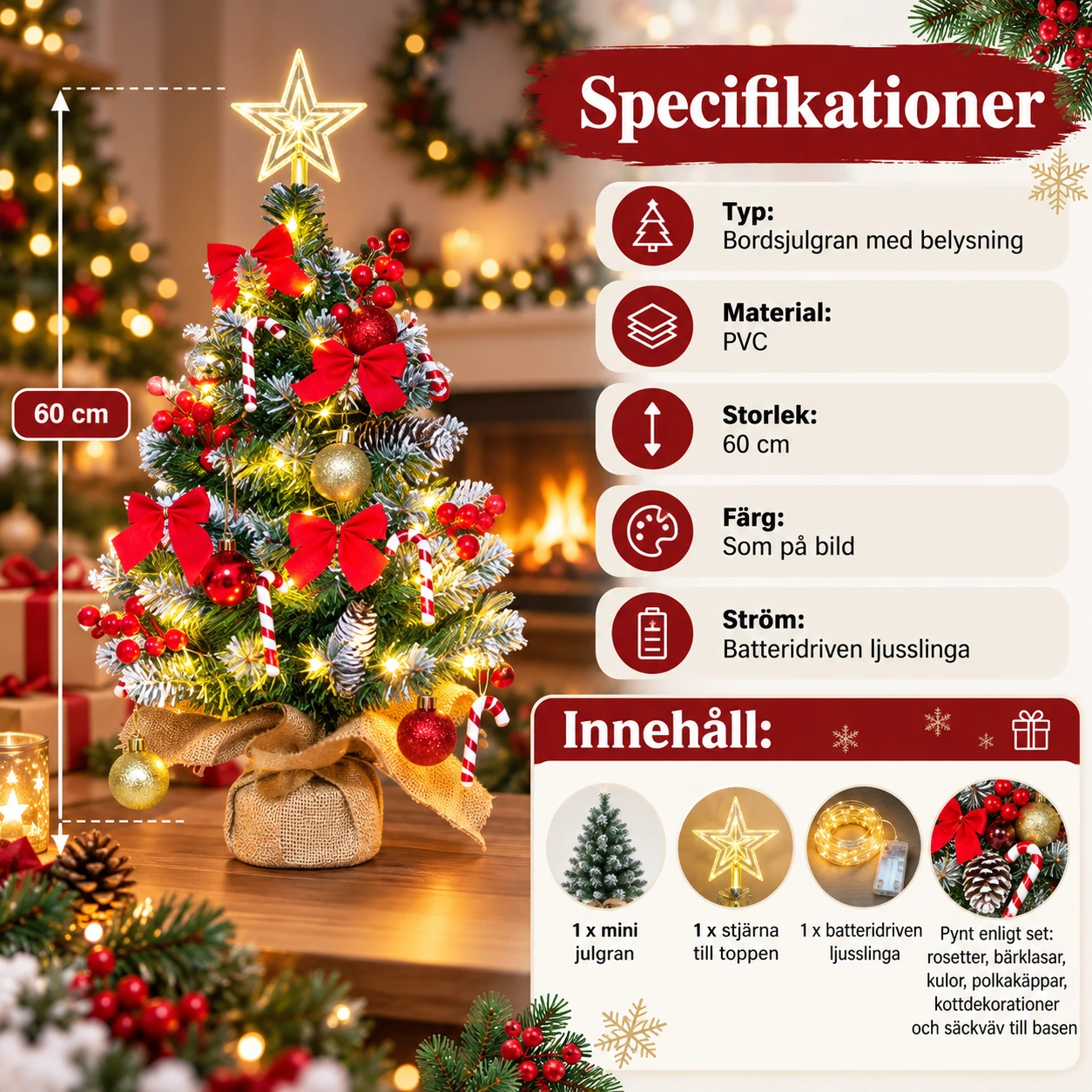 Bordsjulgran med belysning i PVC, 60 cm