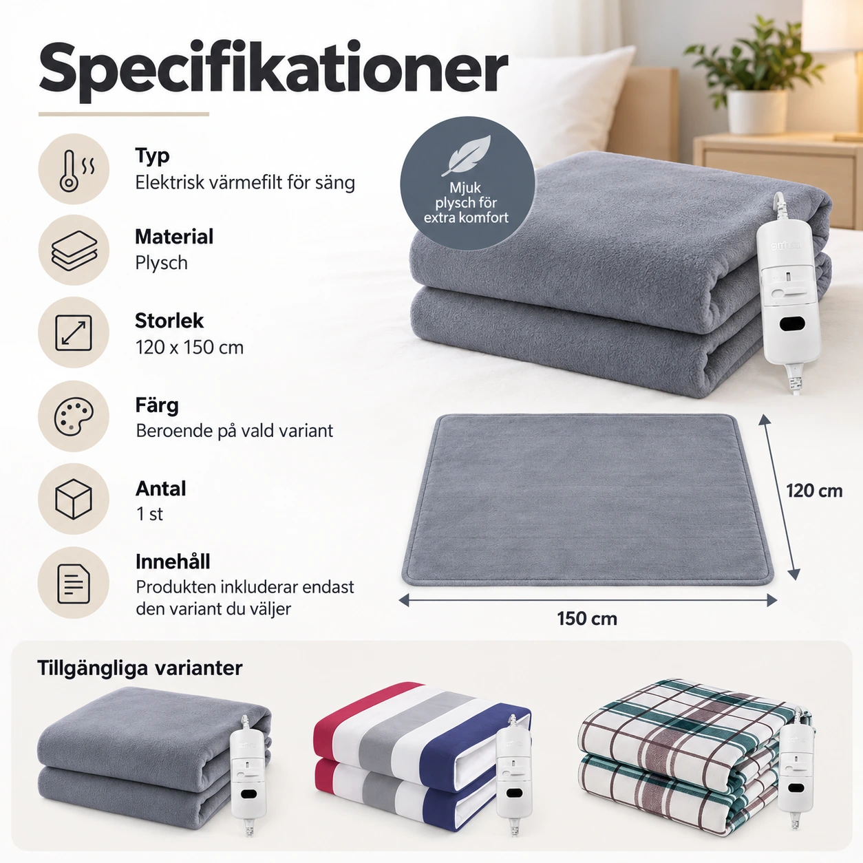 Sähköinen plyysilämpöpeitto sänkyyn lämpötilansäätimellä