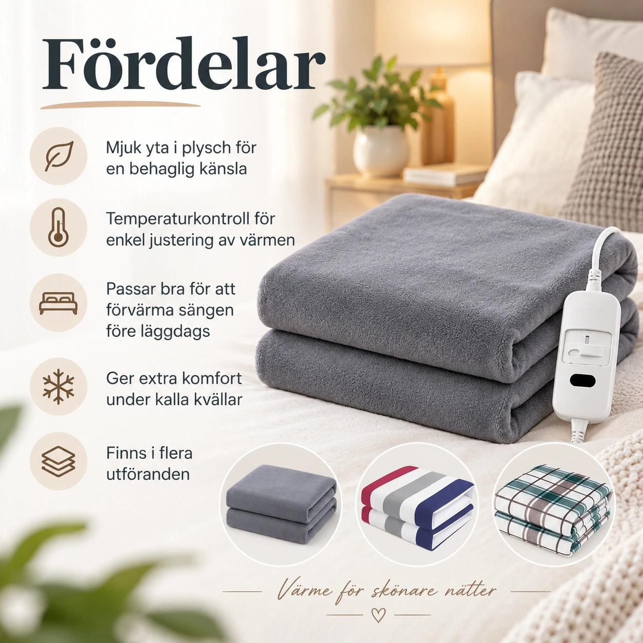 Elektrisk värmefilt för säng i plysch med temperaturkontroll