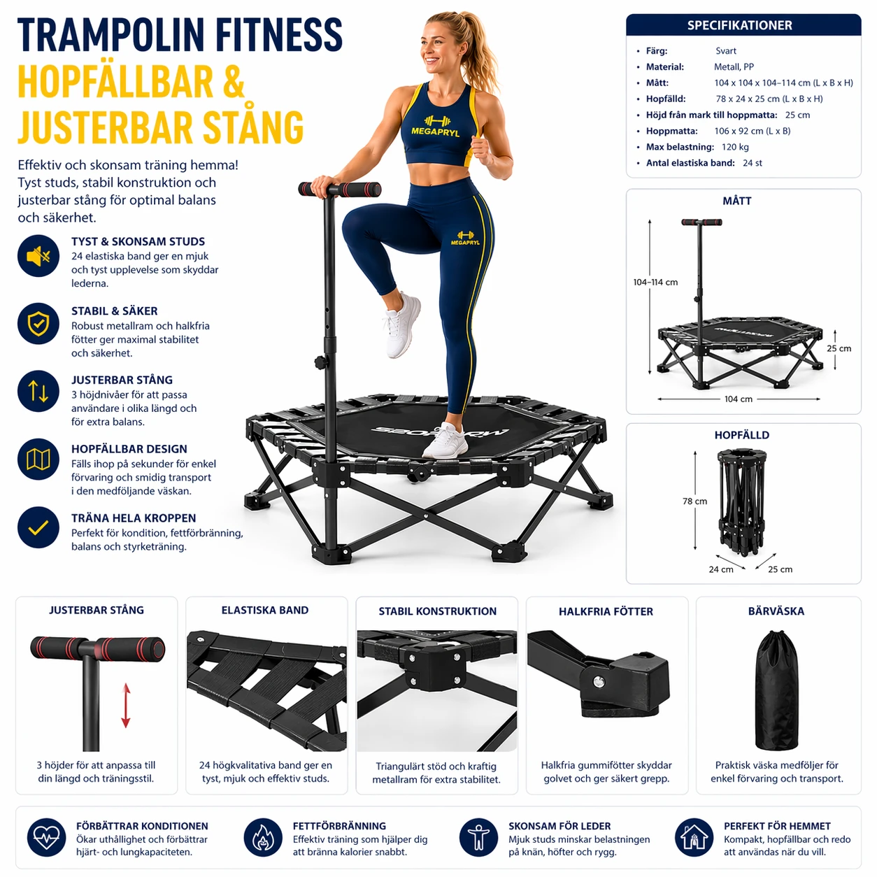 Trampolin Fitness – Hopfällbar & Justerbar Stång