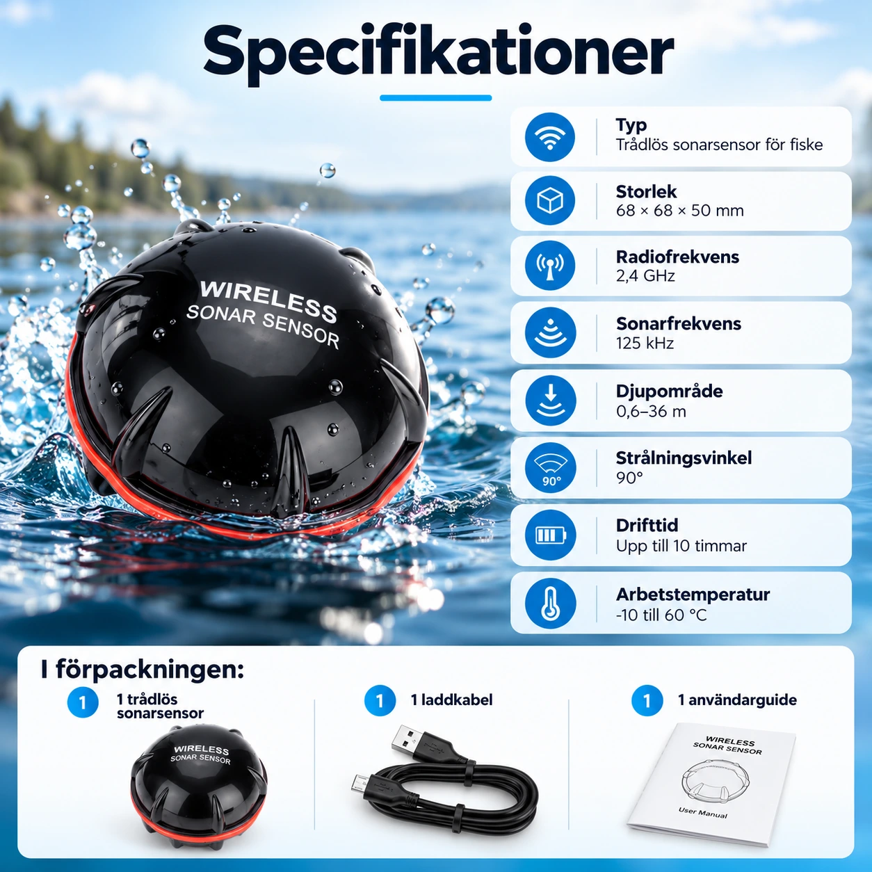 Portabel sonarsensor för fiske med trådlös anslutning