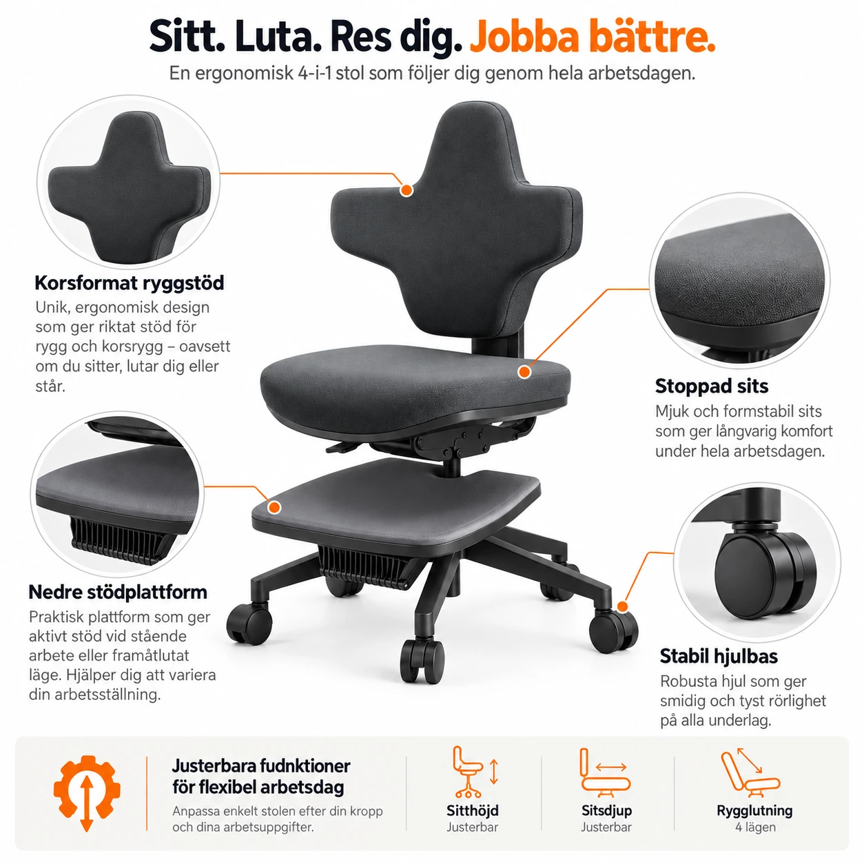 Ergonomisk ståstol för skrivbord med justerbar höjd