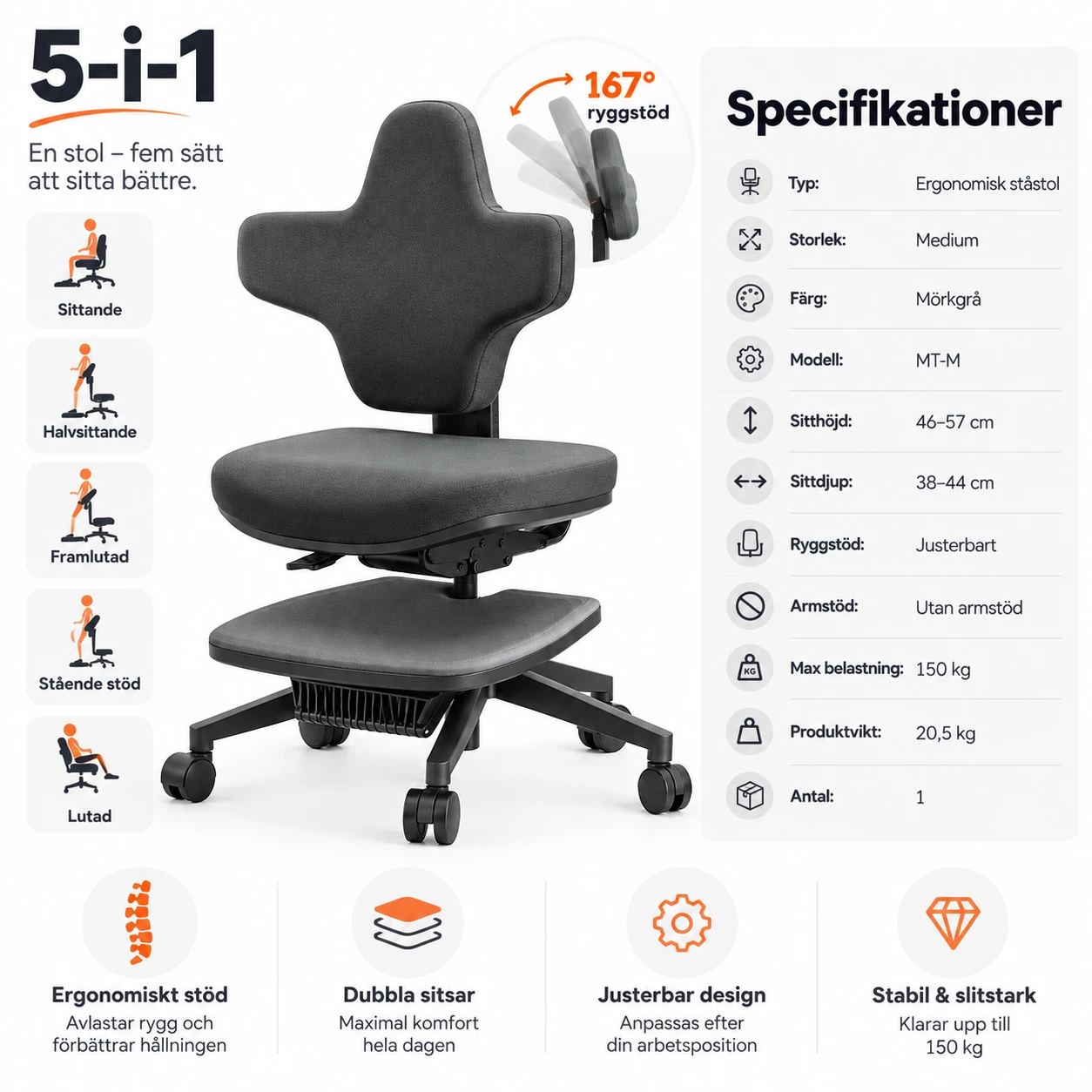 Ergonomisk ståstol för skrivbord med justerbar höjd
