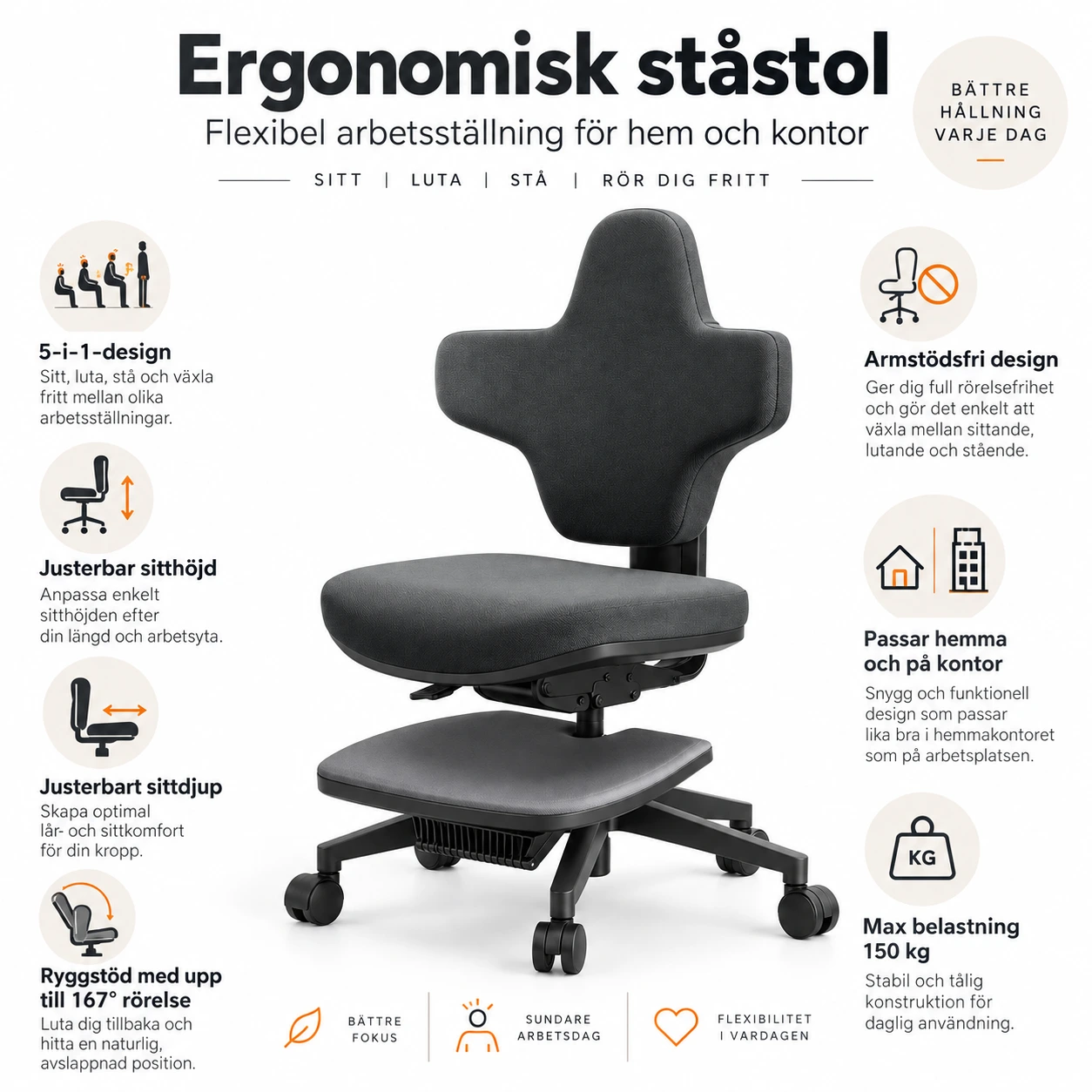 Ergonomisk ståstol för skrivbord med justerbar höjd