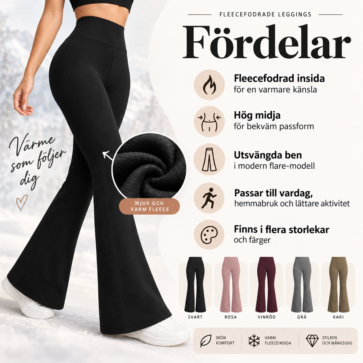 Fleecefodrade flare leggings med hög midja för dam