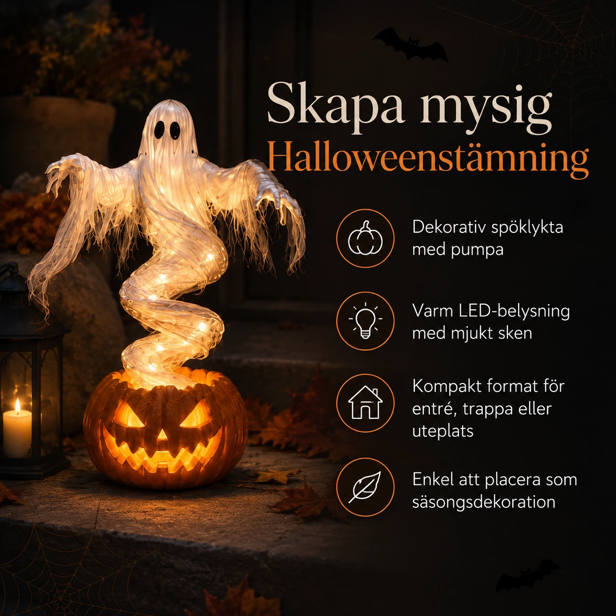 Halloween-dekoration med spöklykta och LED
