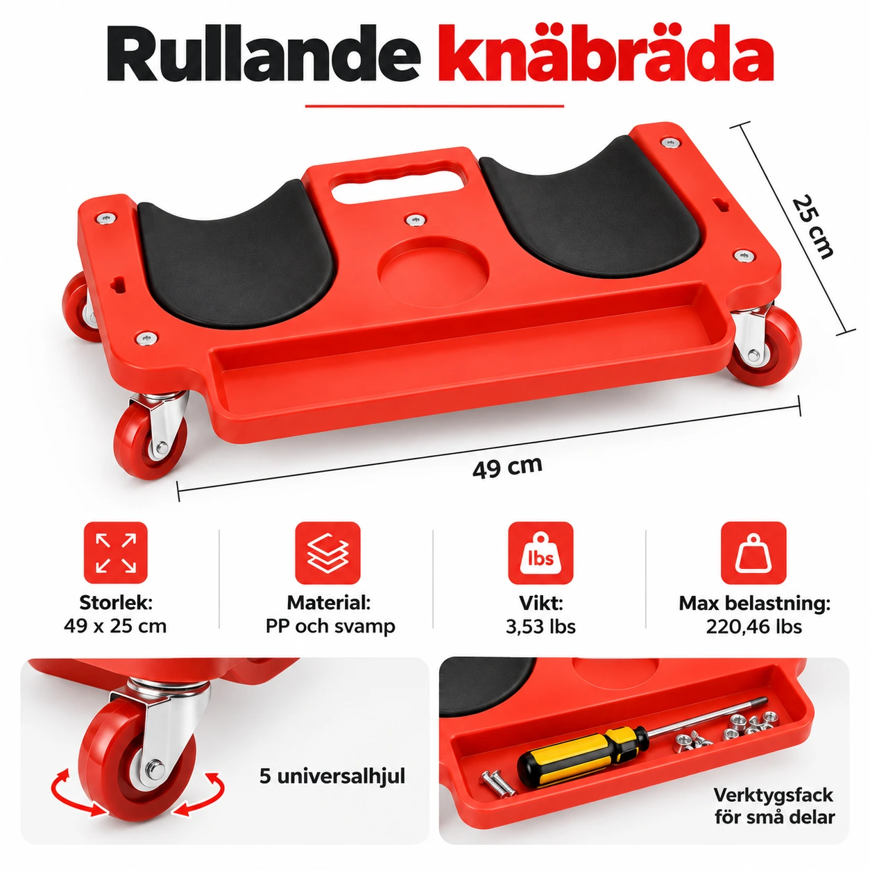 Rullande knäbräda med verktygsfack och hjul