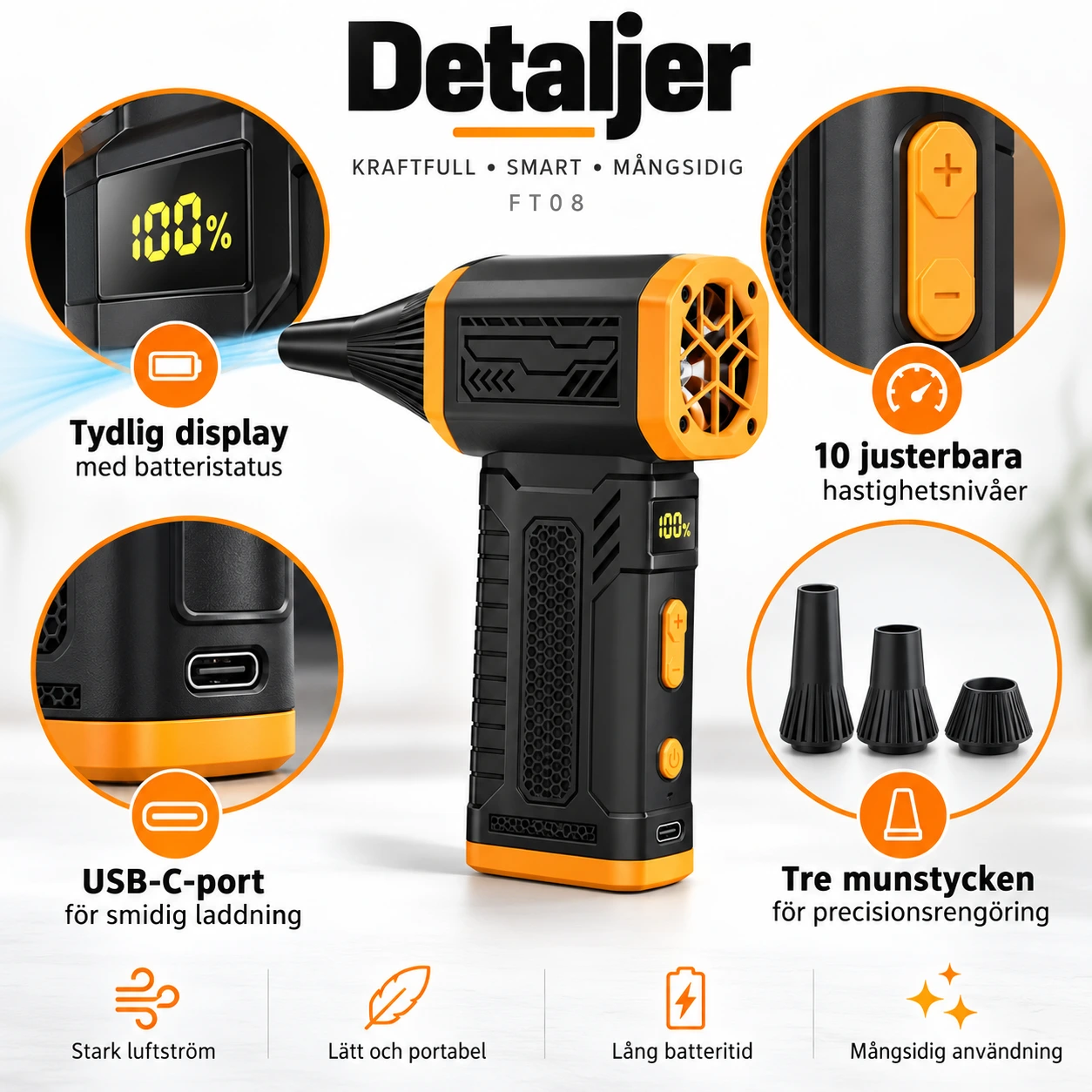 Handhållen luftblåsare för rengöring med display och USB-C