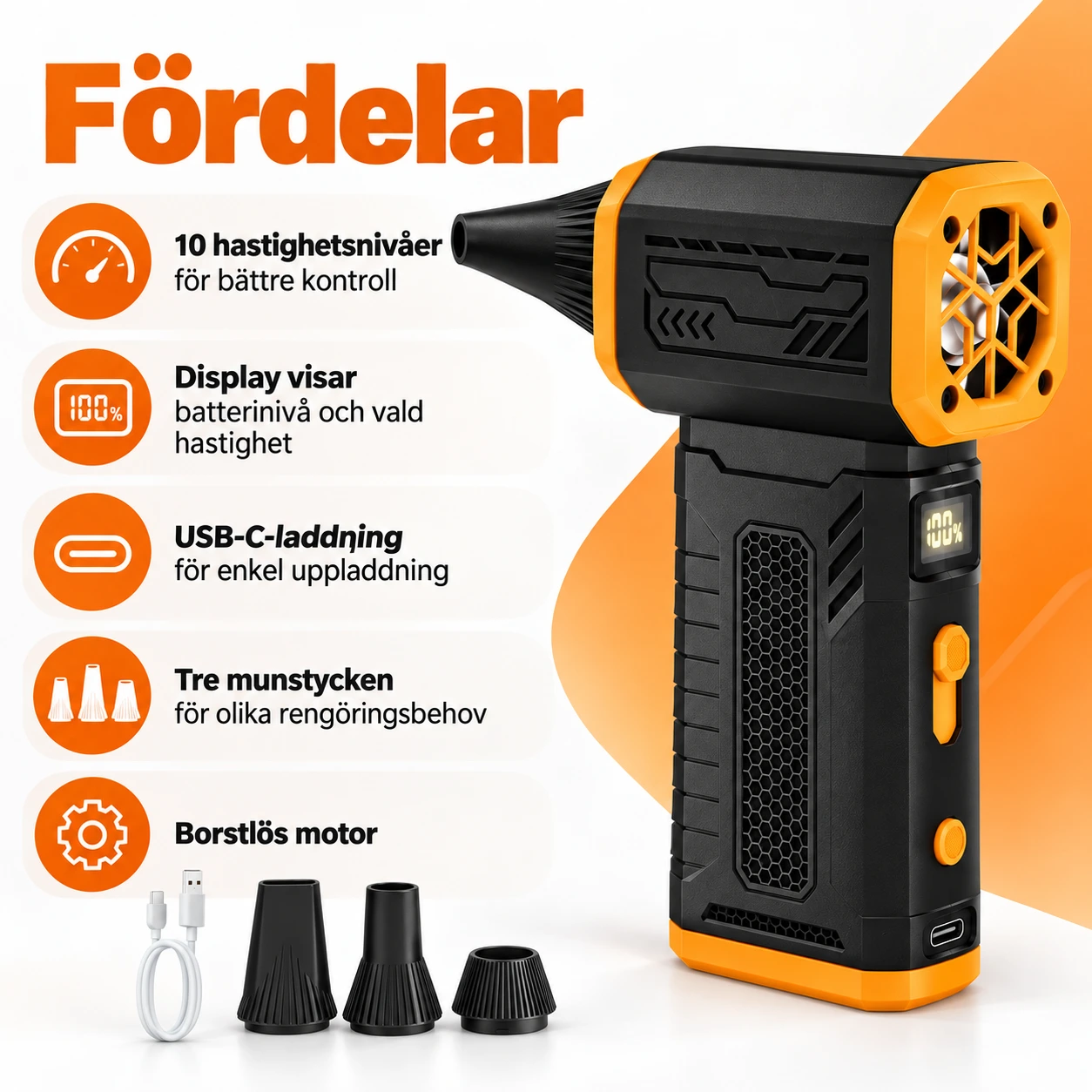 Handhållen luftblåsare för rengöring med display och USB-C