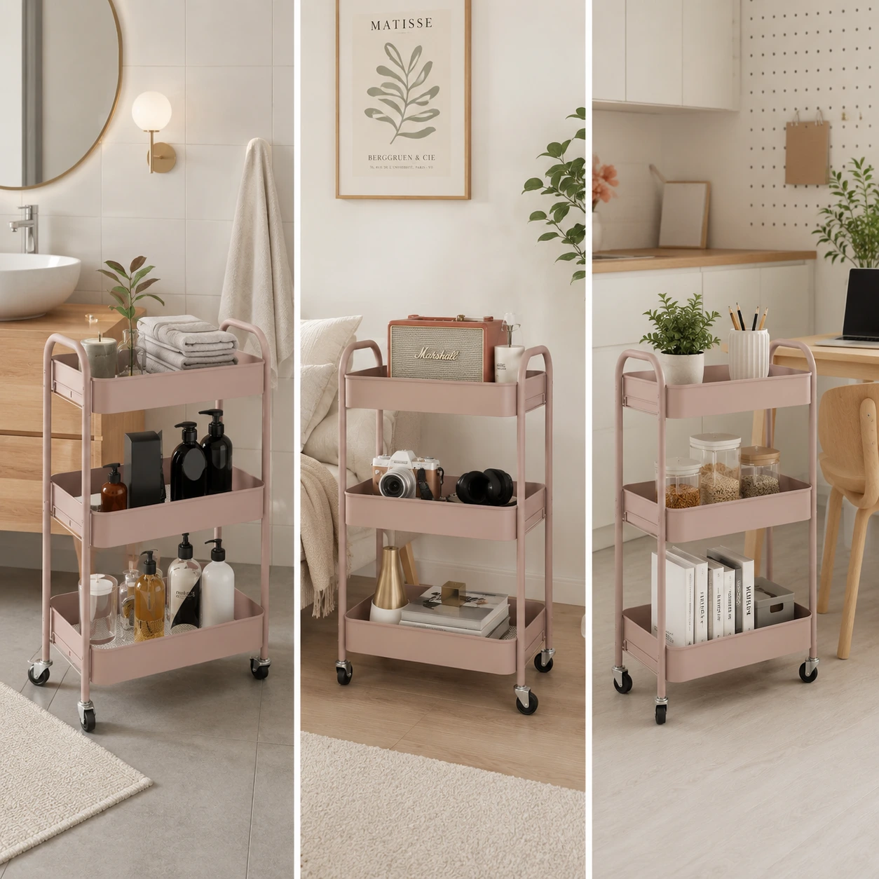 Rullvagn 3 Hyllor Rosa med Hjul och Handtag