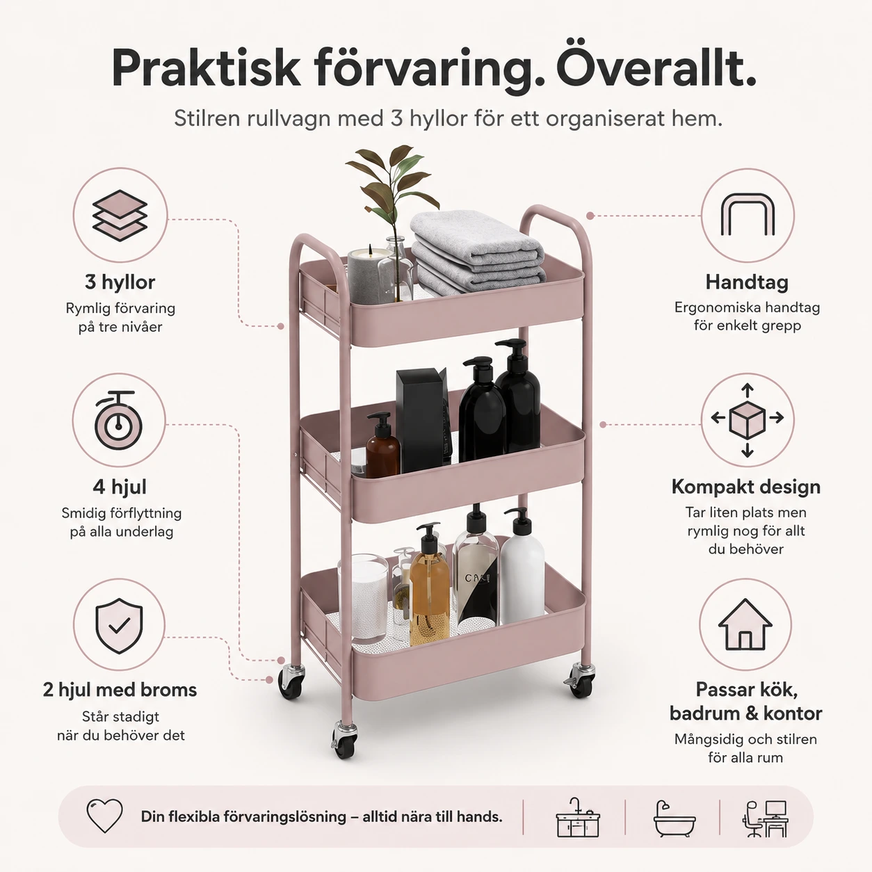 Rullvagn 3 Hyllor Rosa med Hjul och Handtag