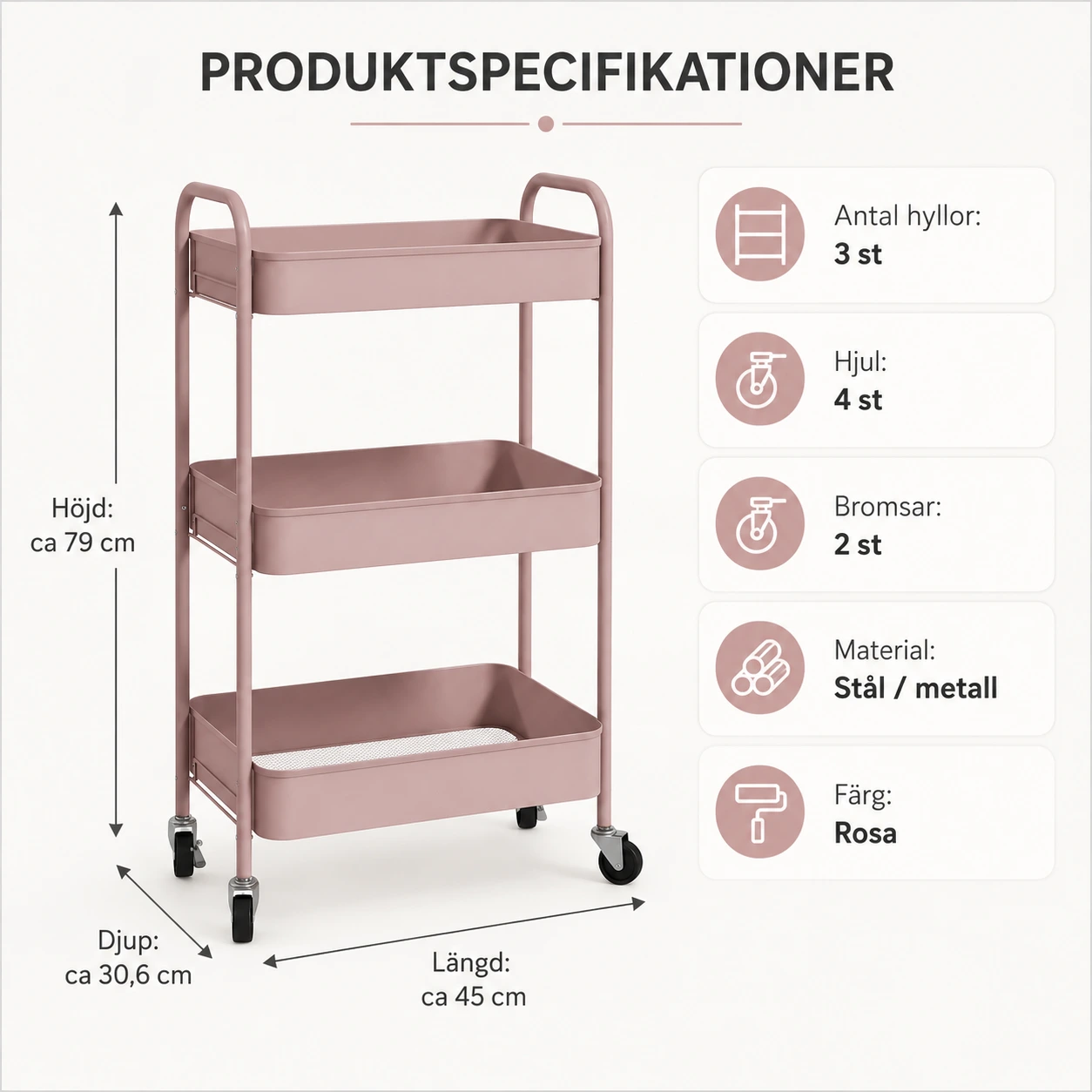 Rullvagn 3 Hyllor Rosa med Hjul och Handtag