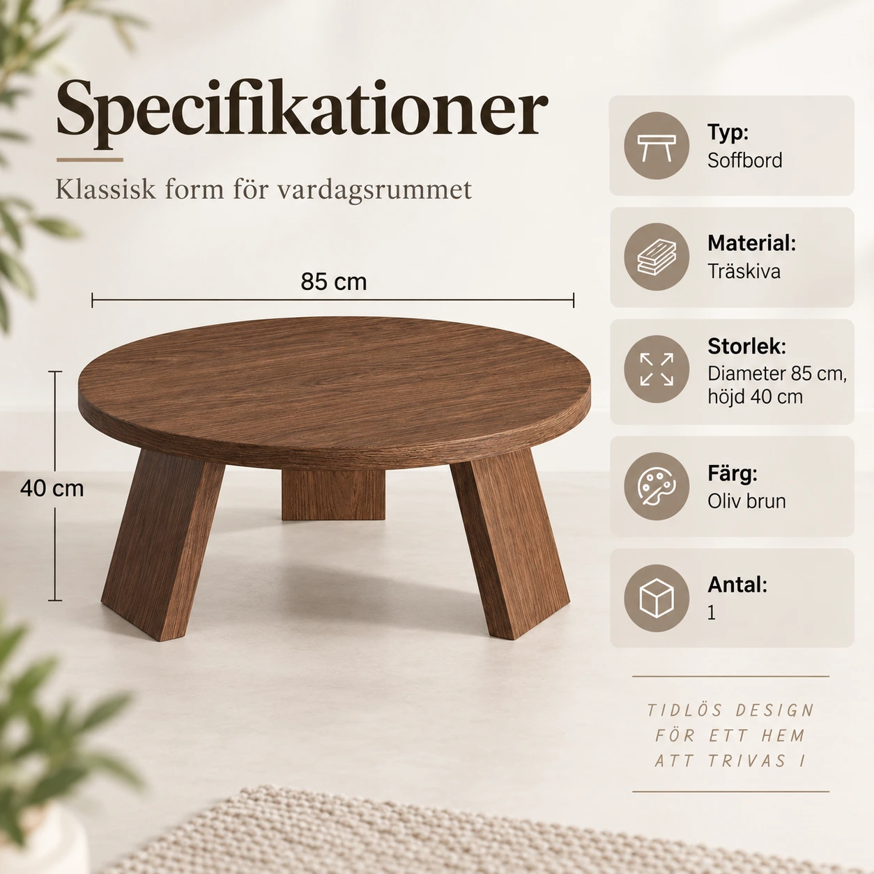 Pyöreä sohvapöytä kolmella jalalla, 85 cm
