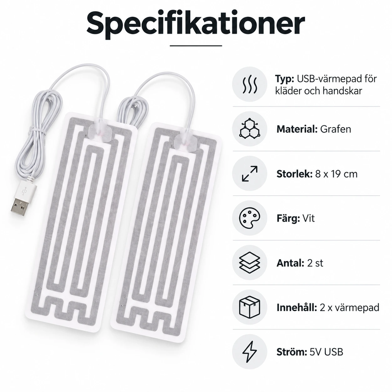 USB-värmepads för kläder och handskar i grafen, 2-pack