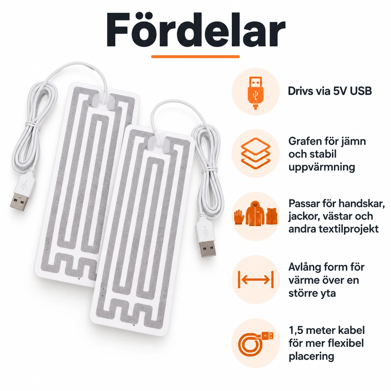 USB-värmepads för kläder och handskar i grafen, 2-pack