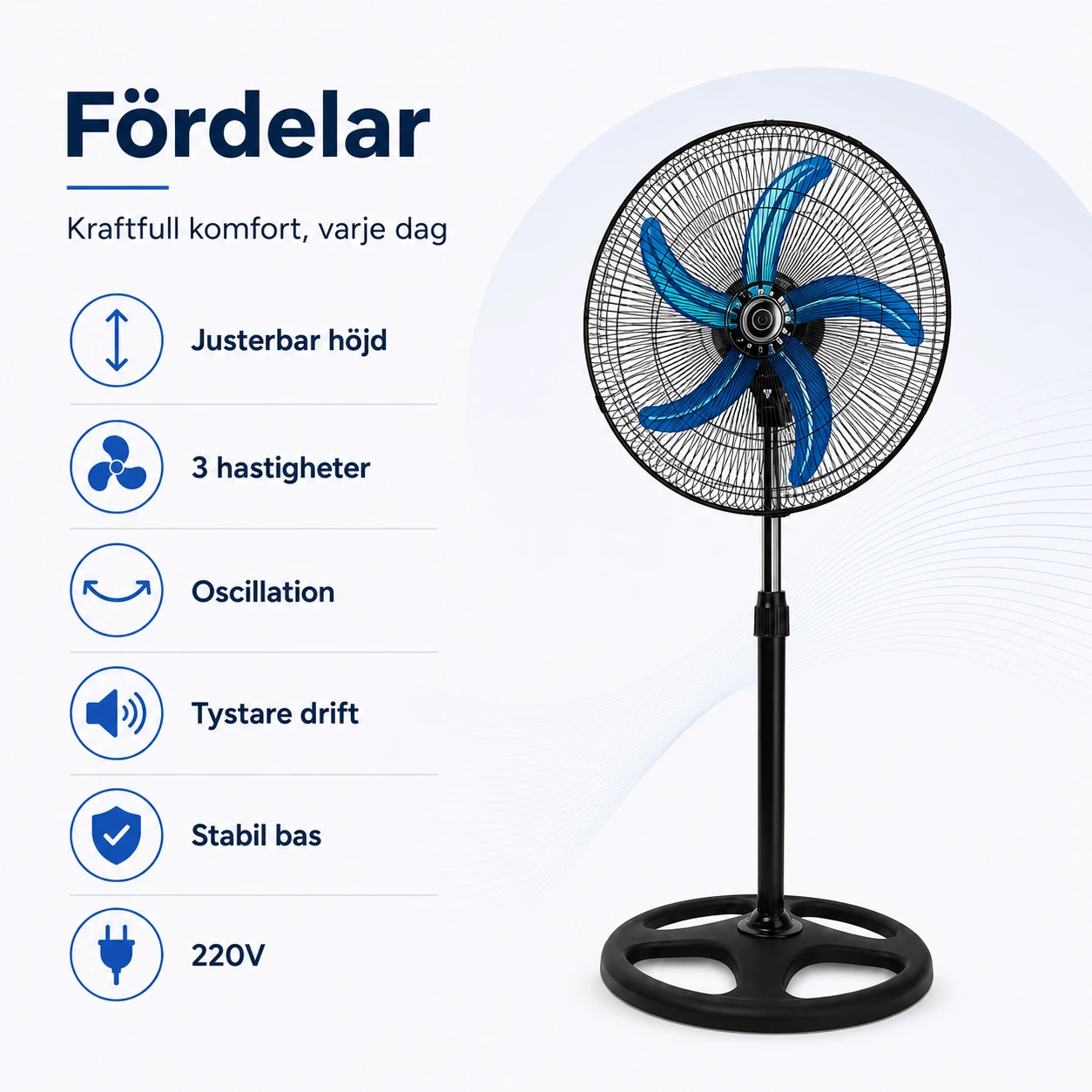 Golvfläkt 220V med Justerbar Höjd och 3 Hastigheter